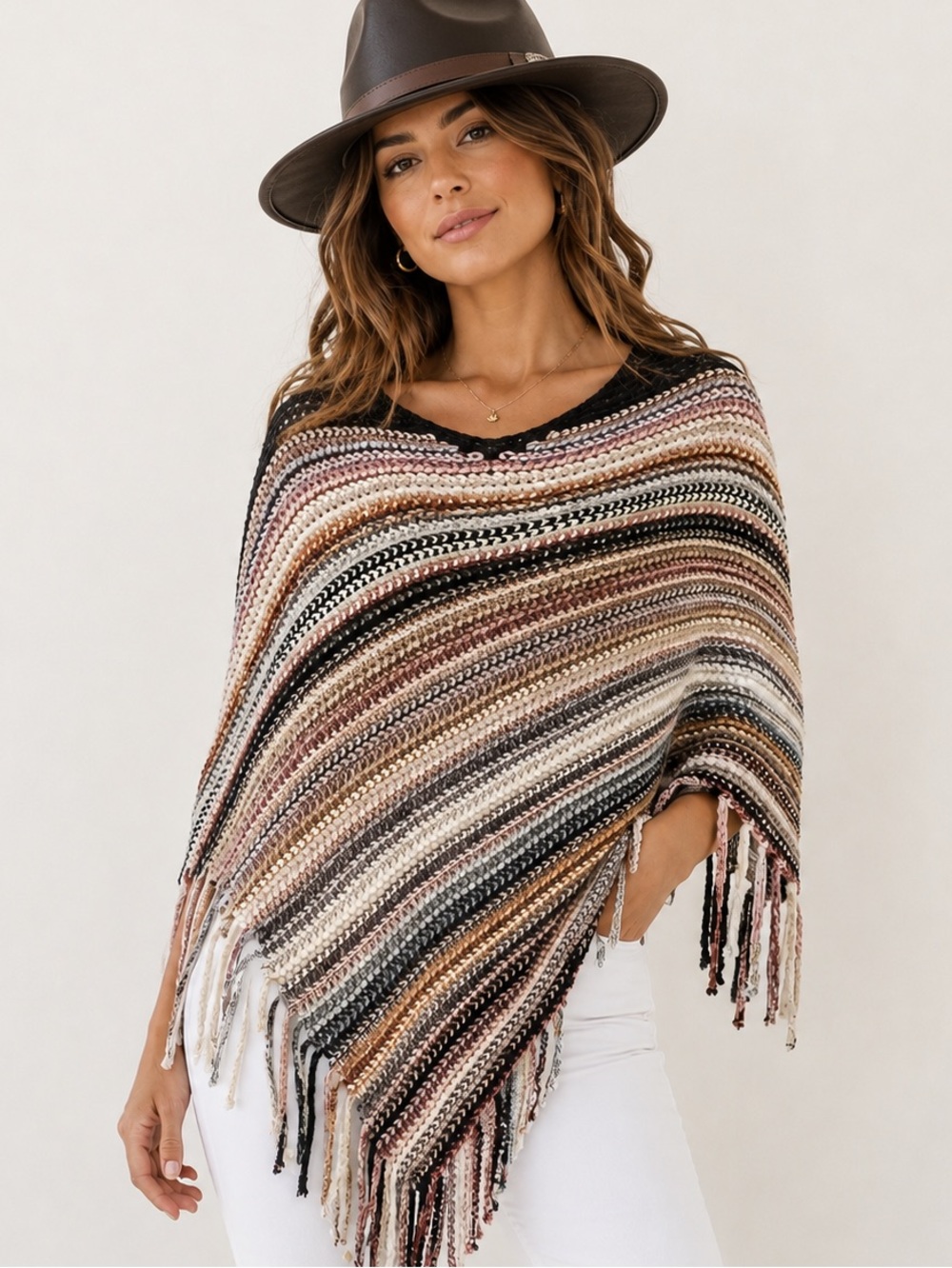 Striped Fringe Knit Skirt in Black, Cream & Brown